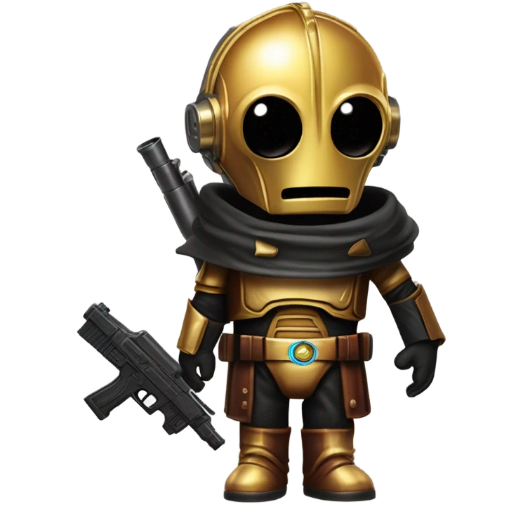battle rough and tough bounty hunter c3Po wearing Satan’s leather outfit with guns and flat-brimmed hat on head. walking happy emoji