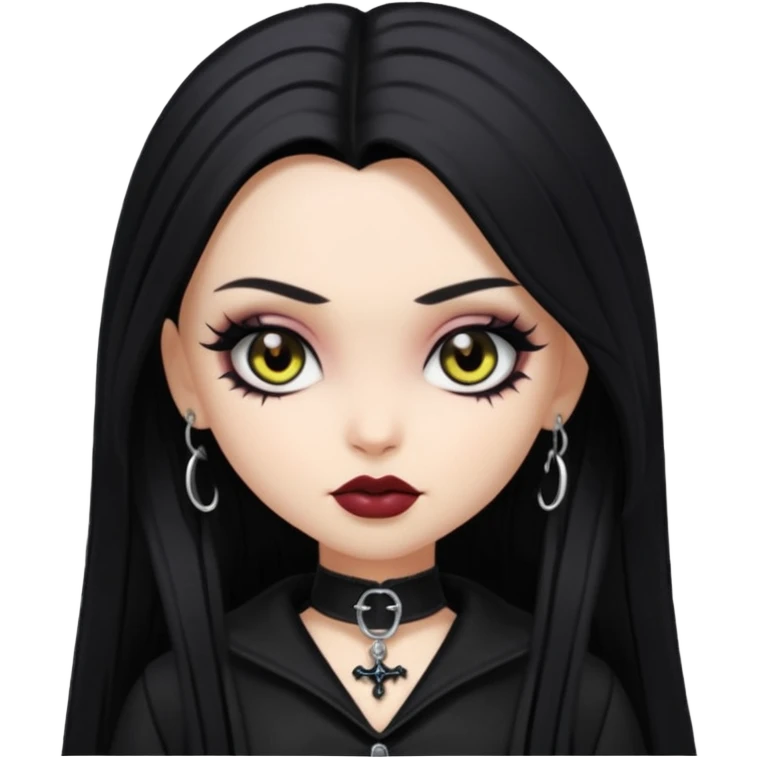 goth bratz baddie, beautiful hazel eyes, long black gothic hair styled, black goth clothes emoji