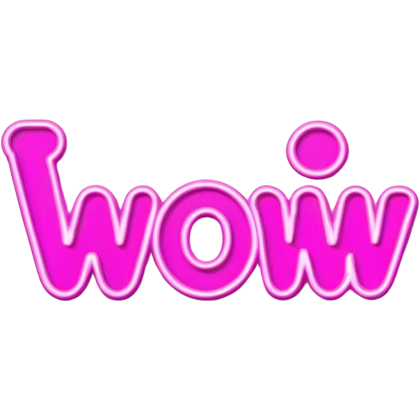 Pink neon sign with the word WOW emoji