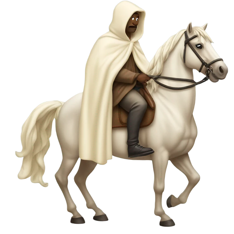 Man with cream colored hooded robe riding a horse ￼ emoji