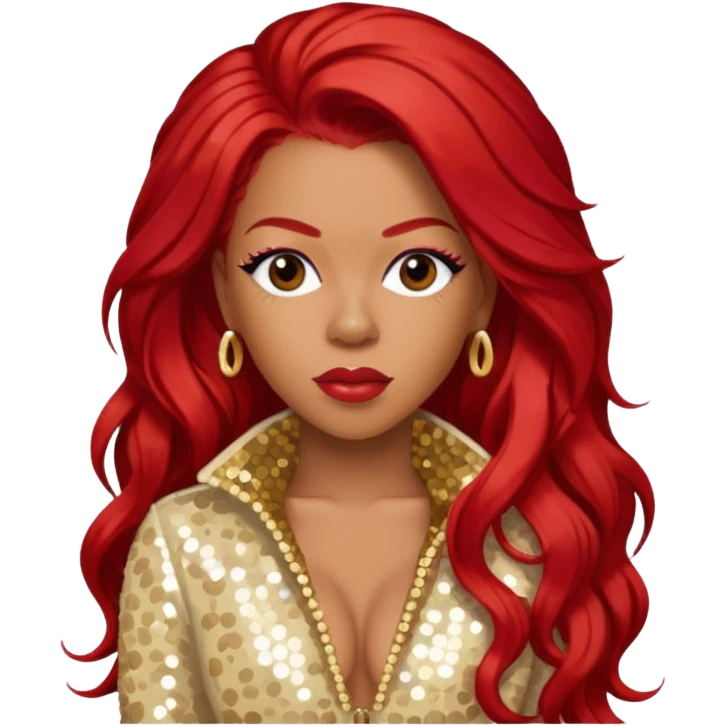 Keyshia Cole with long red hair, cream sequin outfit emoji