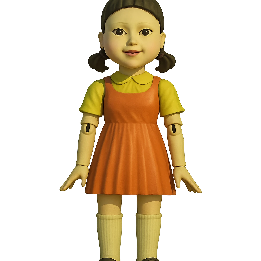 Squid Game series, iconic red light green light doll, standing, eerie smile emoji