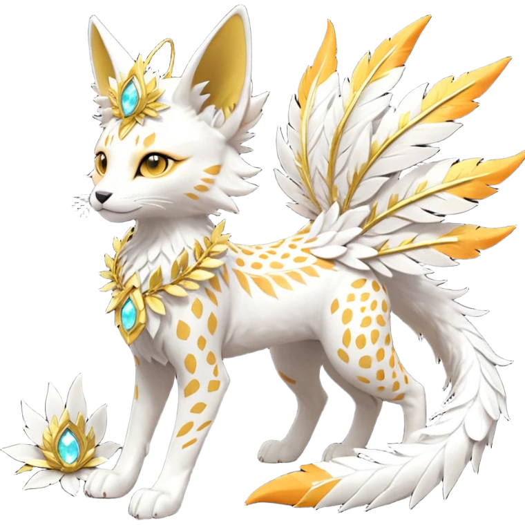 Epic complex fantasy glorious detailed futuristic divine godly angelic feathery sunny, white, albino, pastel, golden, orange glowing sparkly, realistic Fakémon-Sprigatito-Floragato-Meowscarada-Trico-Sergal-Serval-Solgaleo-Vernid-creature (full body) solarpunk, shiny sparkly with gold wreaths emoji