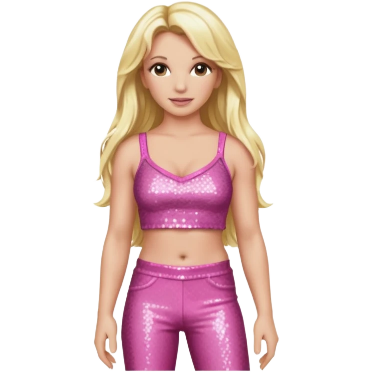 Britney Spears with long blonde hair, pink sequin crop top and pants emoji