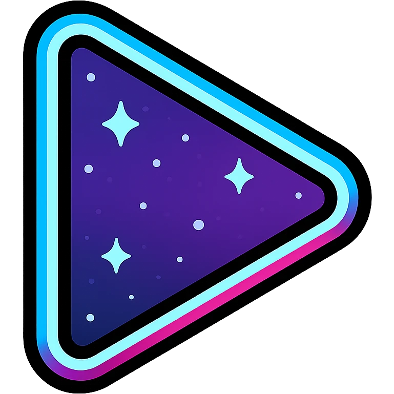 right-pointing triangle play symbol filled with purple and dark blue nebula with bright stars, cyan or pink neon glow border emoji