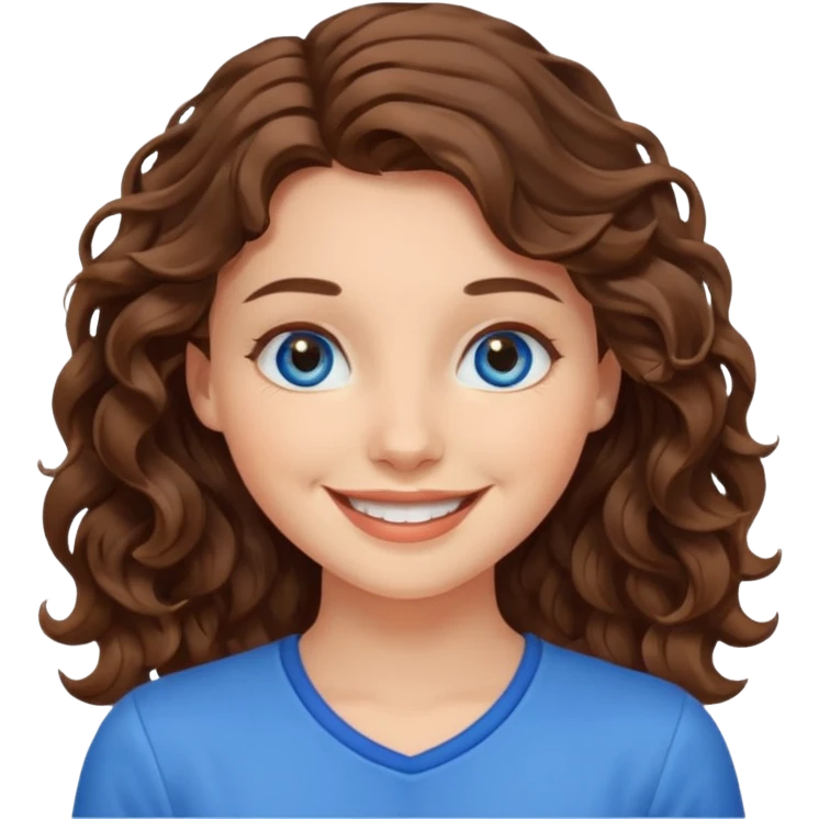 young blue-eyed and wavy brown-haired woman smiling cheerfully  emoji