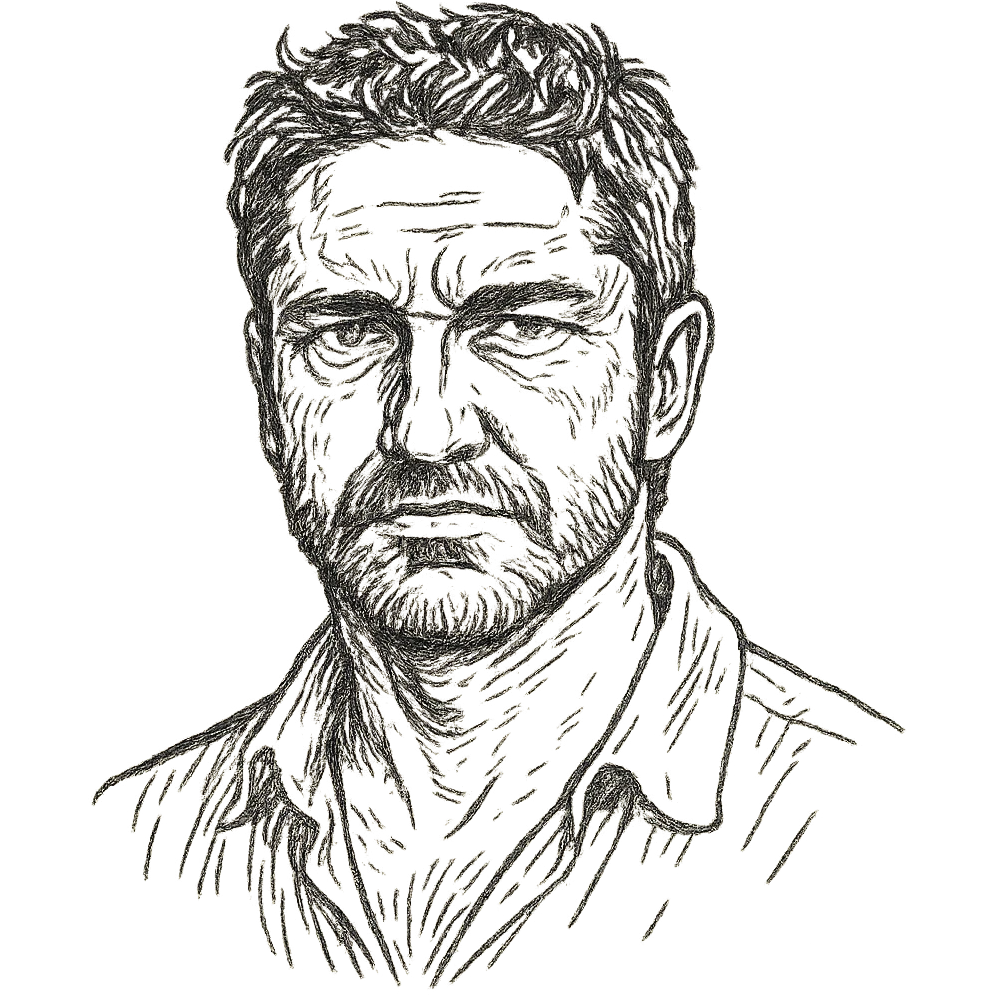 hand drawn outline style portrait, rugged masculine features, inspired by Gerard Butler emoji
