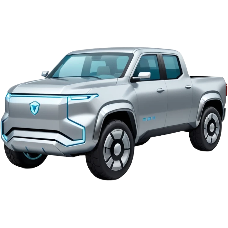 A futuristic electric pickup truck emoji, silver chrome body, angular cyber design, smooth metallic panels, subtle reflections, minimalistic proportions, iOS emoji style, centered composition, clean white background, soft lighting emoji