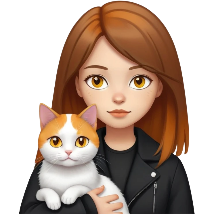 Light-skinned girl with brown straight hair wearing a black jacket, holding one pure white cat with bright yellow eyes and one calico cat with orange black and white patches emoji