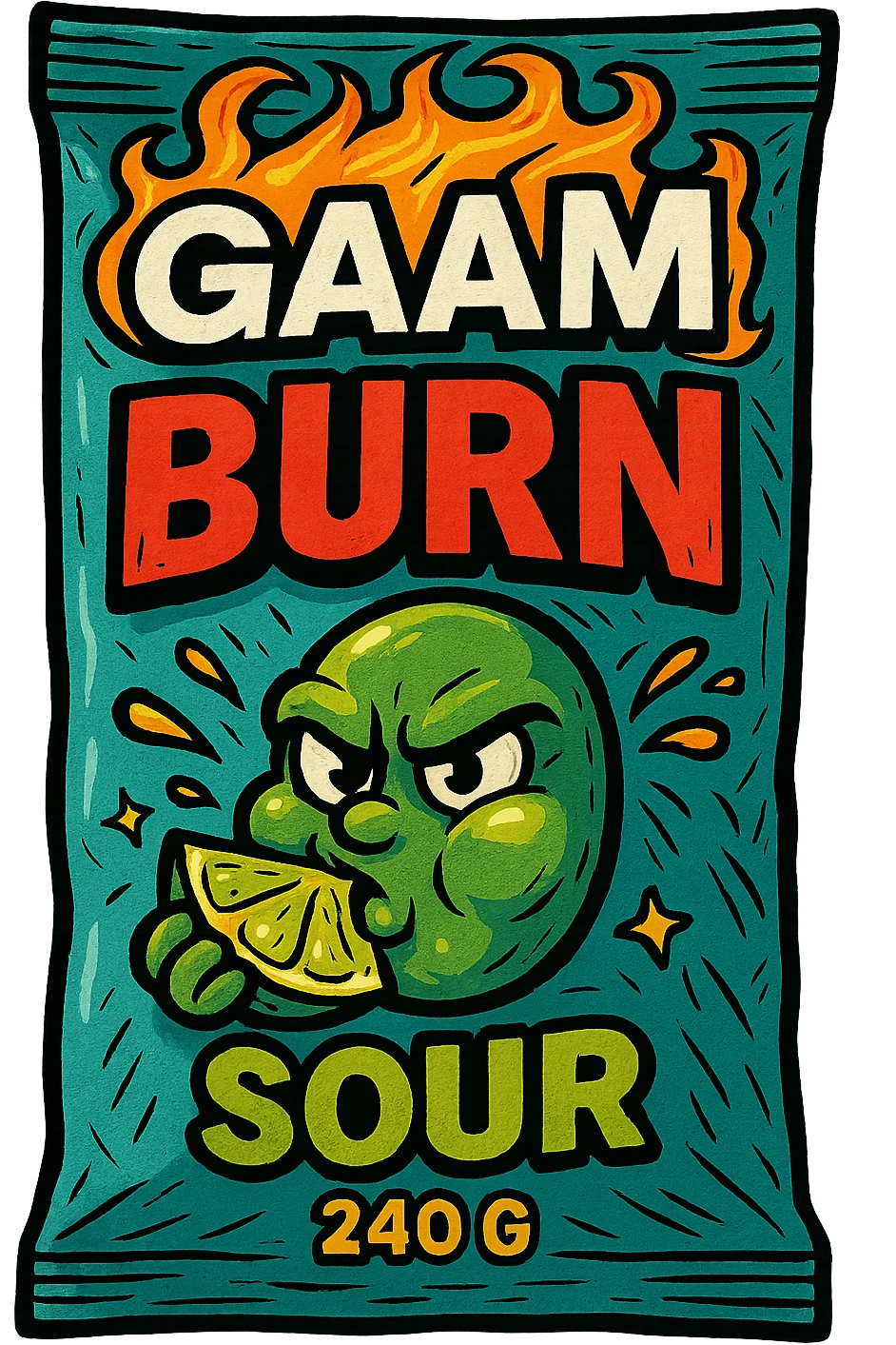 Gaam Burn 240 G Sour, stylized product packaging, digital illustration, no background emoji