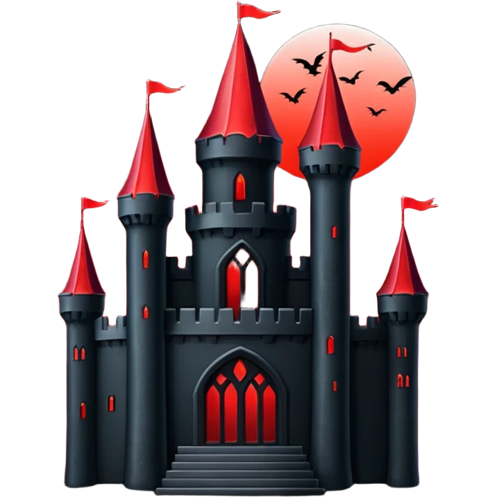 iOS sticker, dark castle, black walls, red windows, minimal fantasy emoji
