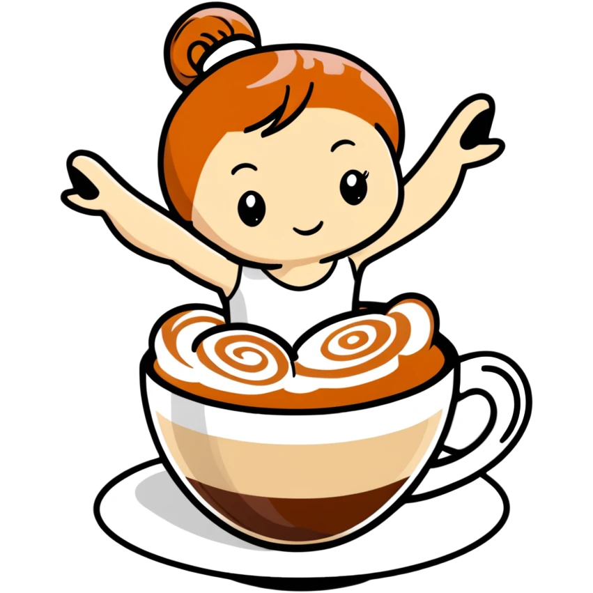 Cute ballerina dancing on top of a cappuccino cup, with cream and cinnamon swirls emoji