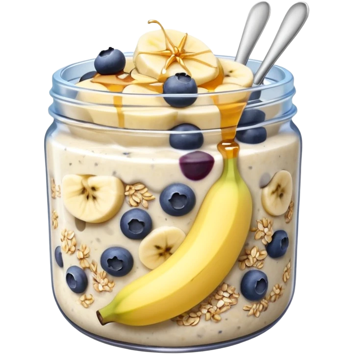 Overnight oats with banana,blueberries, honey, sky, chiaseeds emoji