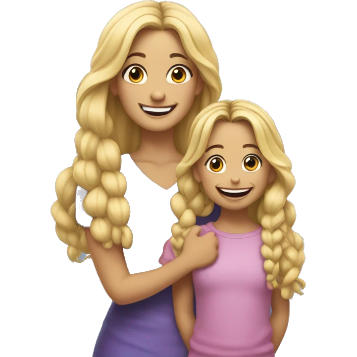 An emoji of a blonde mother with very long hair and a cheerful expression, standing next to her 3-year-old daughter, a small girl with black hair styled in two braids, both smiling happily together emoji
