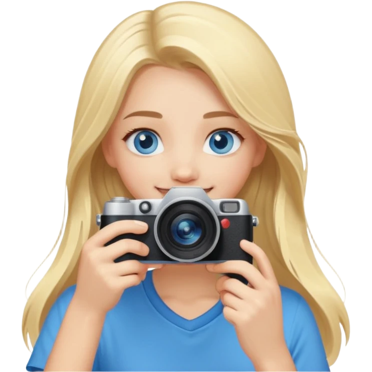  blue eyes blonde girl photographer cartoon taking picture in middle of taking picture camera in front of face long hair smiling funny flash professiona emoji