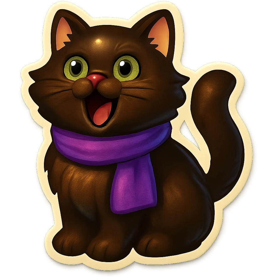 Fluffy meowing cute dark-brown cat with green eyes and a purple scarf  emoji