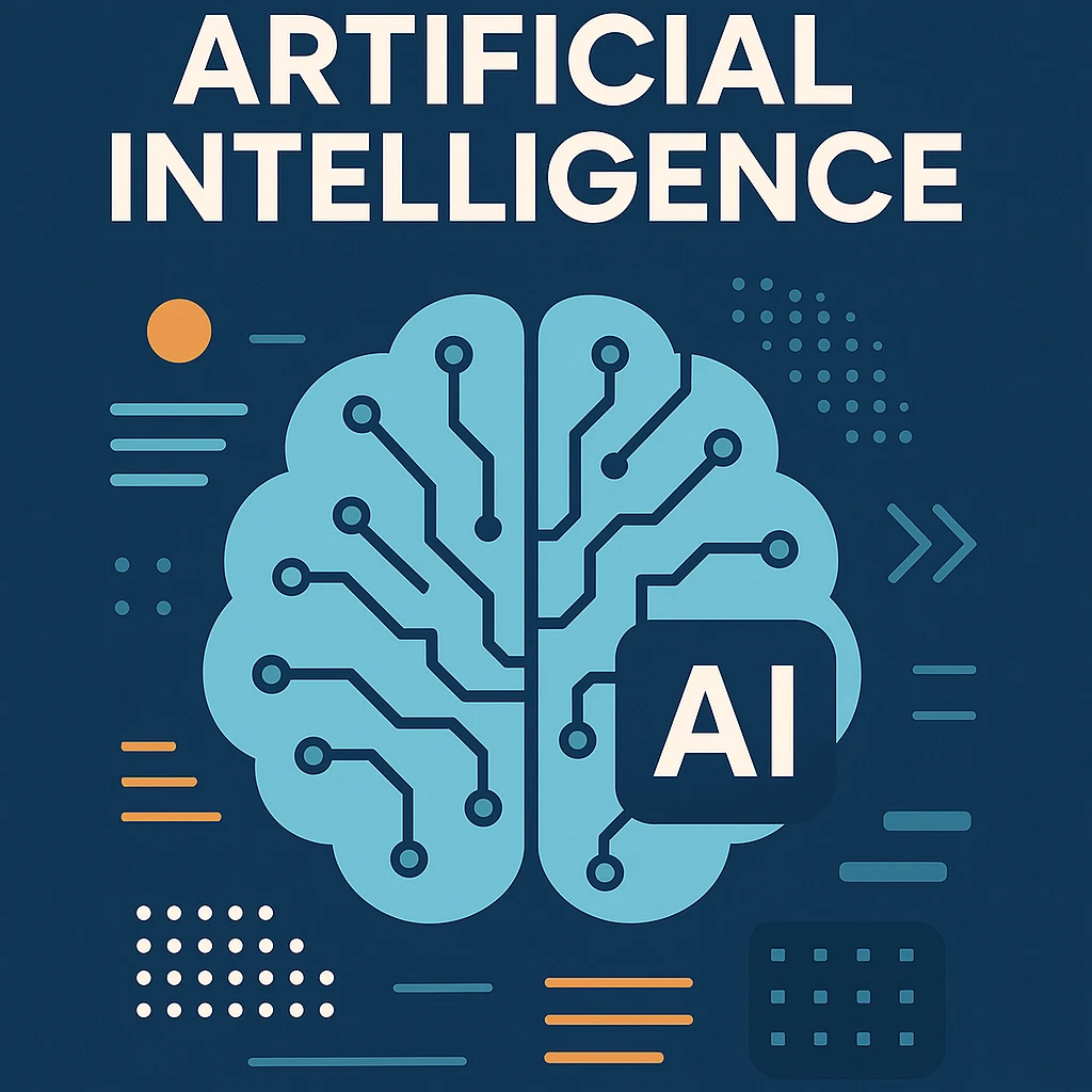 modern flat design newsletter cover about artificial intelligence, with abstract AI brain and digital elements emoji