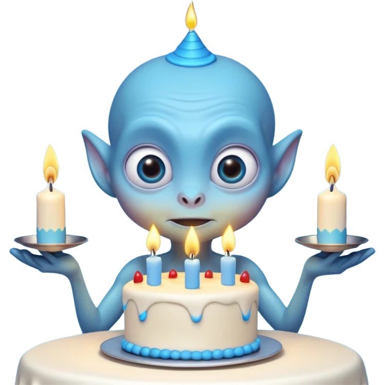 A cute friendly alien holding a birthday cake with candles, big expressive eyes, bright colors, cartoon style, playful atmosphere, 3D animated look, Pixar-inspired, highly detailed
 emoji