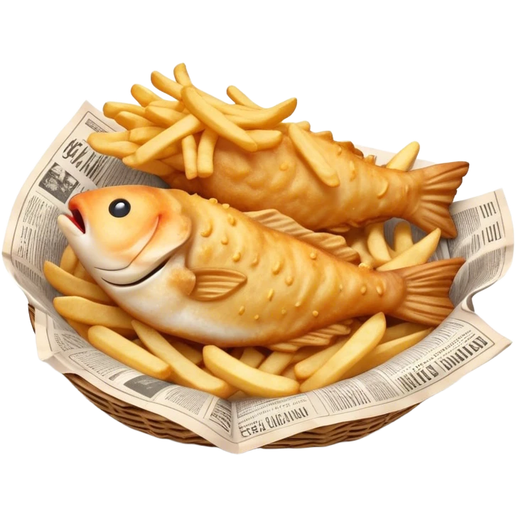 Cinematic Realistic Fish and Chips Dish Emoji, depicted with crispy golden battered fish and chunky hand‚Äêcut chips served in traditional newspaper wrapping, rendered with mouth‚Äêwatering texture and warm natural lighting that captures its quintessential British charm. emoji