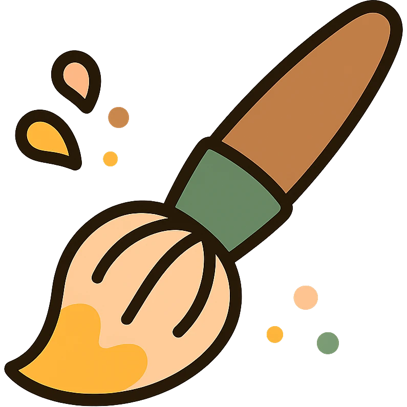 A cute and whimsical artist's paintbrush with a soft and cozy design, featuring a warm color palette: golden orange (FA9B41), deep forest green (4A7C5C), muted taupe brown (96775A), and pastel peach (FFCC9A). The brush has a delicate wooden handle in muted brown, with the bristles slightly fanned out, holding a touch of paint in shades of peach and orange. The tip of the brush is dipped in a soft golden hue, and tiny splashes of paint in the palette’s colors are gently scattered around. The overall mood is playful, artistic, and charming, evoking a sense of creativity and warmth. emoji