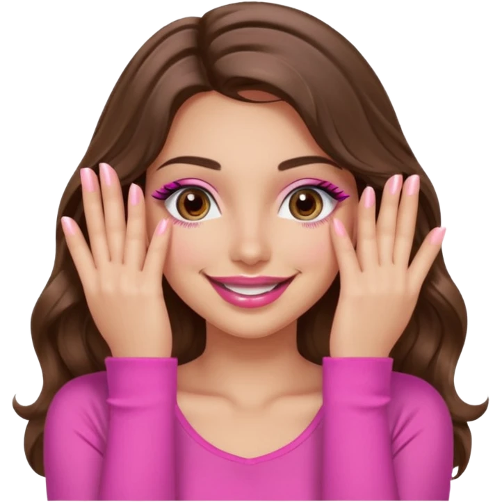girl with long wavy brown hair, brown eyes, long lashes, sexy pink lips, light to medium complexion, wearing a pink sexy top, smiling, hands covering over the eyes emoji