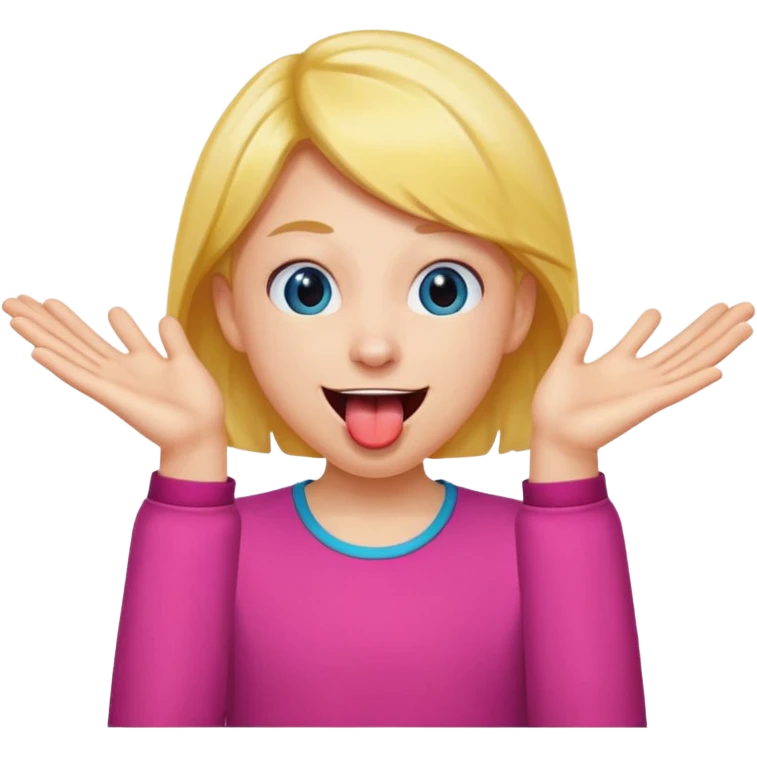 pessoa fazendo careta, com sorriso divertido, língua pra fora e mãos abertas próximas ao rosto emoji