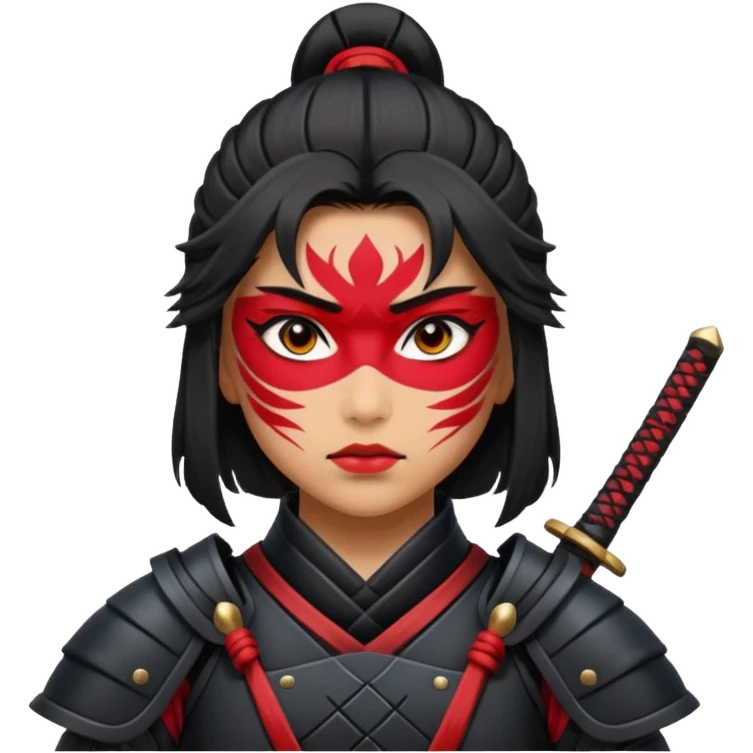 A female samurai with strong posture, black armor plates, and fierce determination. With red war paint markings  emoji