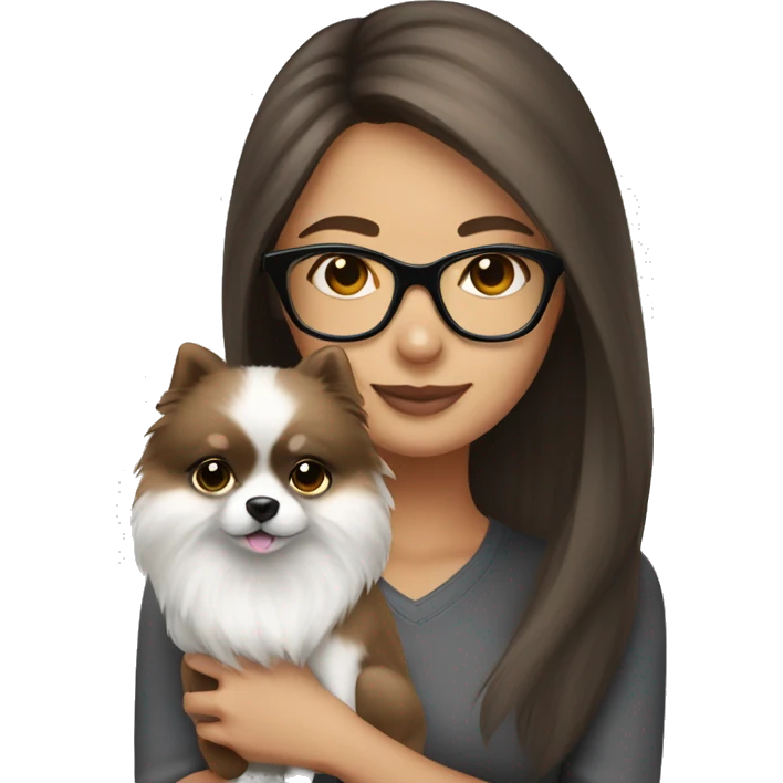 Brown hair girl with glasses holding a white and grey pomeranian emoji