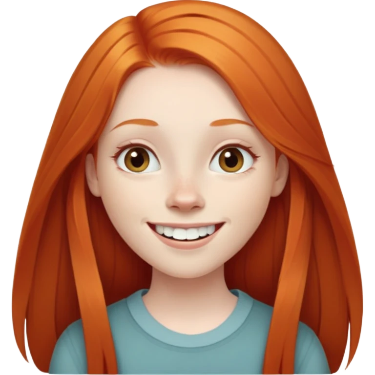traditional emoji of young girl with very pale skin, long straight bright ginger red hair, elongated oval face, normal-sized human eyes positioned naturally, wide nose, friendly big smile with very large prominent teeth, less intense expression emoji