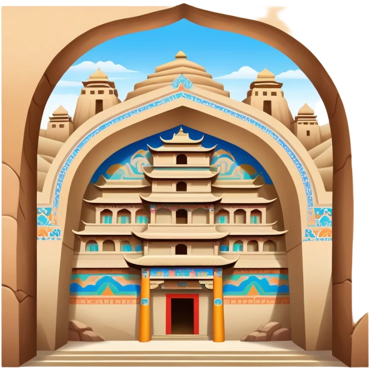 Mogao Caves Dunhuang with colorful Buddhist murals, simplified emoji style with bold outlines and bright colors, cartoon style cave entrance with paintings emoji