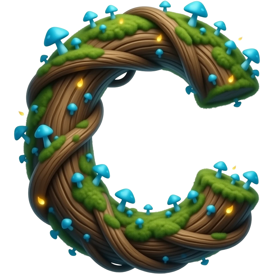 Magical letter 'C' formed from twisting ancient tree roots, overgrown with tiny neon-blue mushrooms and bioluminescent moss. Soft fireflies orbiting the letter, enchanted forest atmosphere, macro photography style emoji