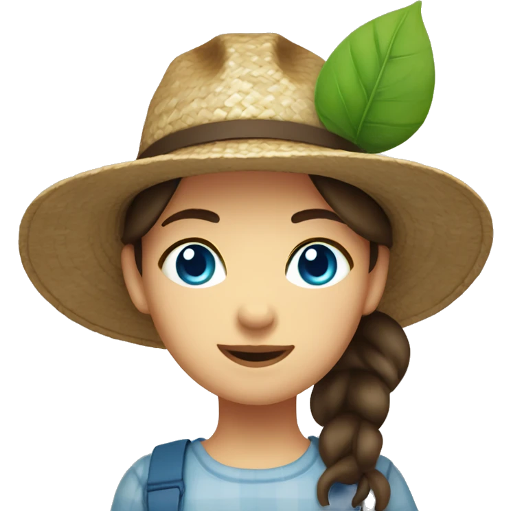 farmer girl, bright blue eyes, dark brown hair, with a straw hat, ponytail, holding greens emoji
