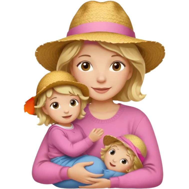 A cheerful wavy short blond hair mom in a straw hat carrying her child, wearing a pink sweater emoji