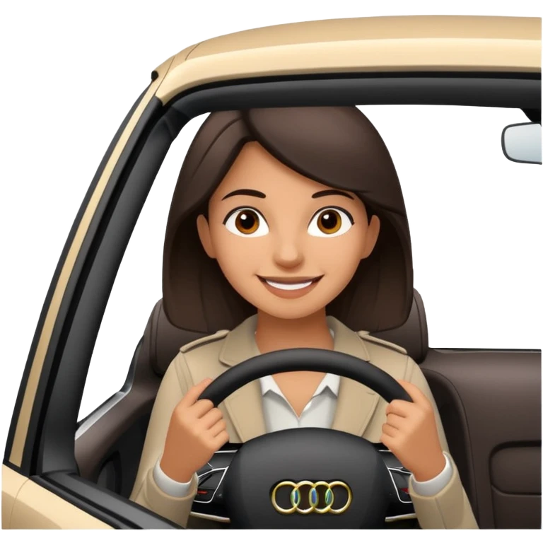 Young adult Woman with dark brown hair driving an Audi a1 fast loving life emoji