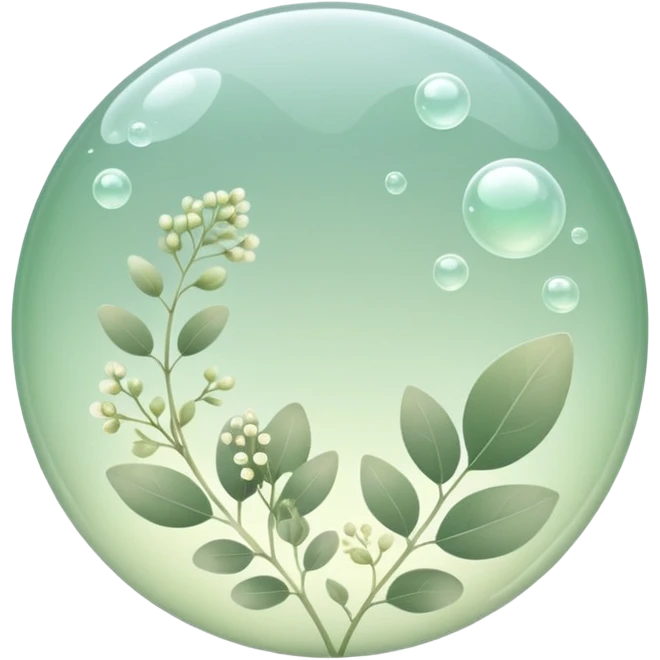 Soft muted sage green aesthetic, minimal spring theme, airy and clean composition, soft natural lighting, translucent bubbles, delicate leaves and tiny flowers, modern iOS-style design, glossy subtle gradients, pastel tones, calm and fresh mood, minimal background, high resolution, dreamy soft focus emoji