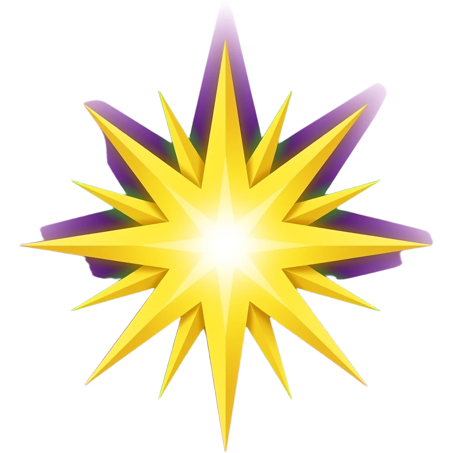 Expansion (✨): “Sparkling golden yellow starburst with purple and green energy rays, expansion symbol, mystical flat vector illustration with bright glow” emoji
