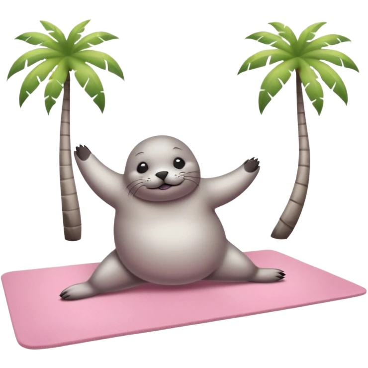 Seal doing pilates on a light pink yoga mat on an island emoji