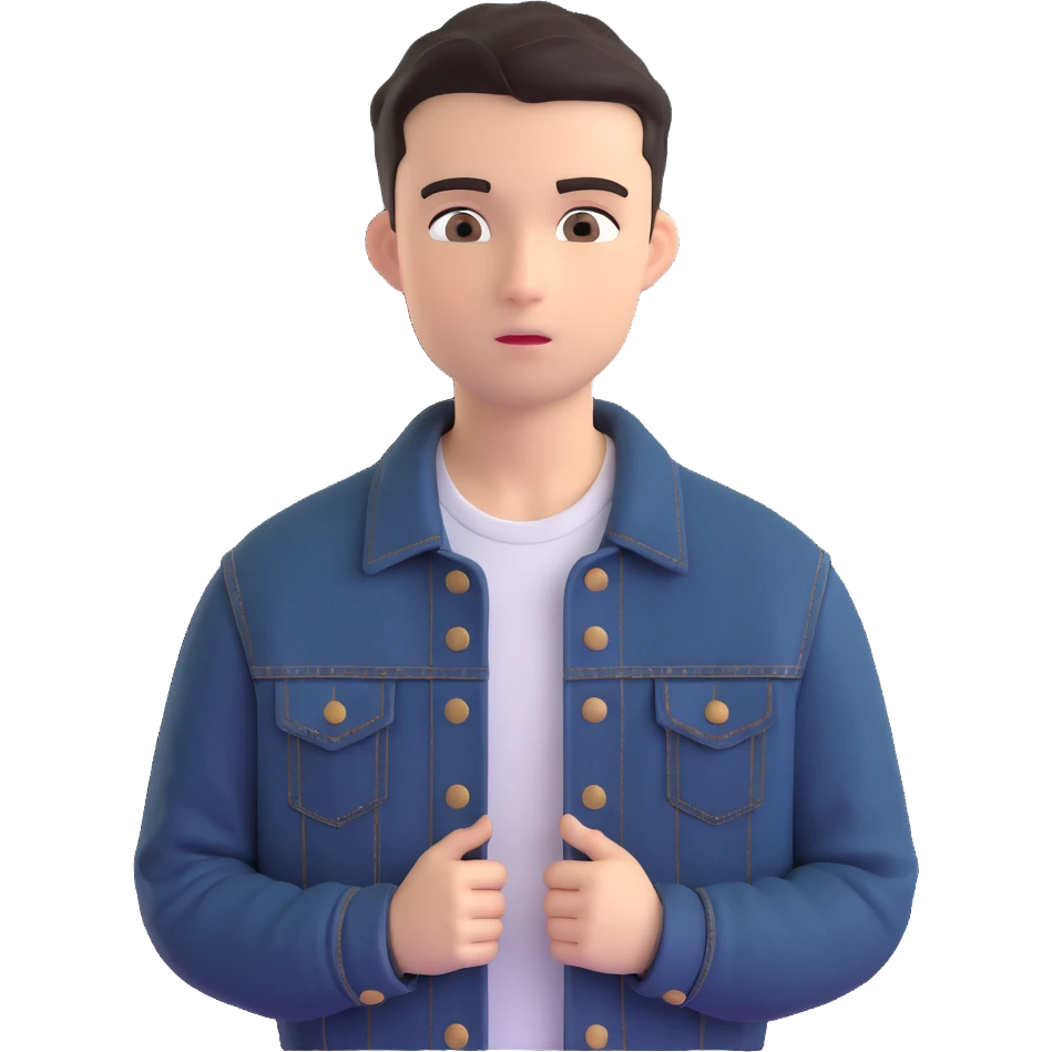 young man with short dark hair, wearing a black denim jacket, neutral facial expression emoji