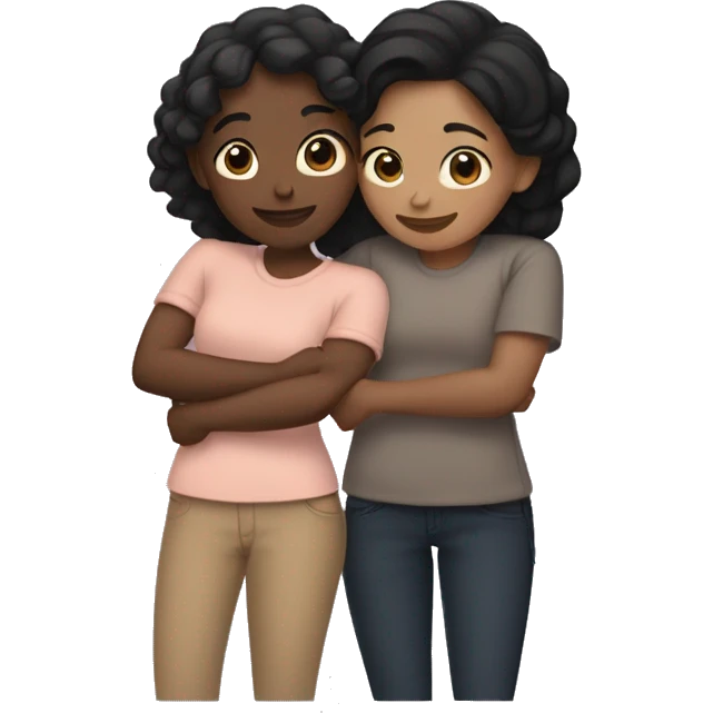 Three friends hugging each other warmly. One friend has fair skin and straight black hair, another has dark skin with black hair styled in a low bun, and the third has tan skin with wavy black hair.” emoji