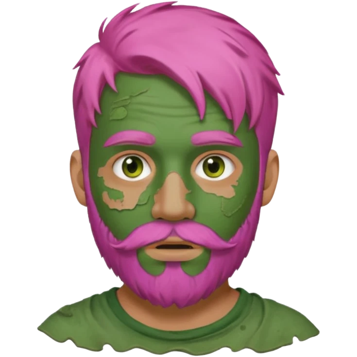 pink haired man with full full face dirty messy green clay mask and beard emoji