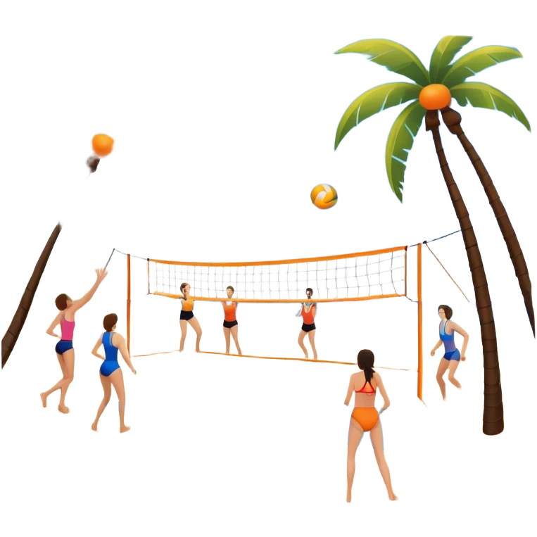 The scene captures a sunny sea beach atmosphere with clear blue sea and sky, palm trees swaying, and people in swimsuits enjoying the vibrant surroundings. A volleyball resting on the orange sand ground of a beach, with a volleyball net in the background.  emoji