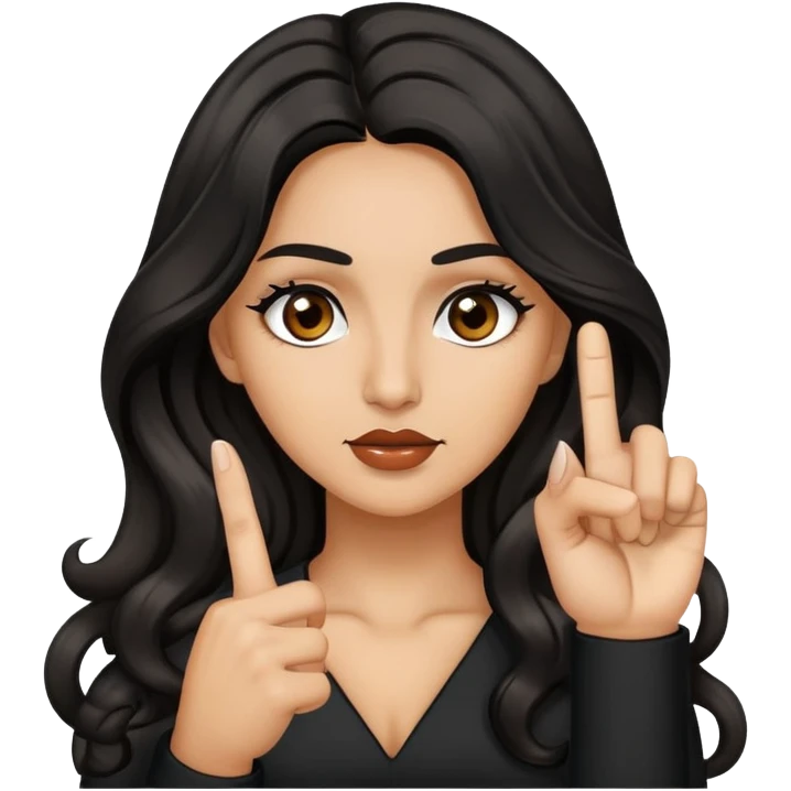 woman with olive skin, brown eyes and long lashes, and long black wavy hair showing her middle finger emoji