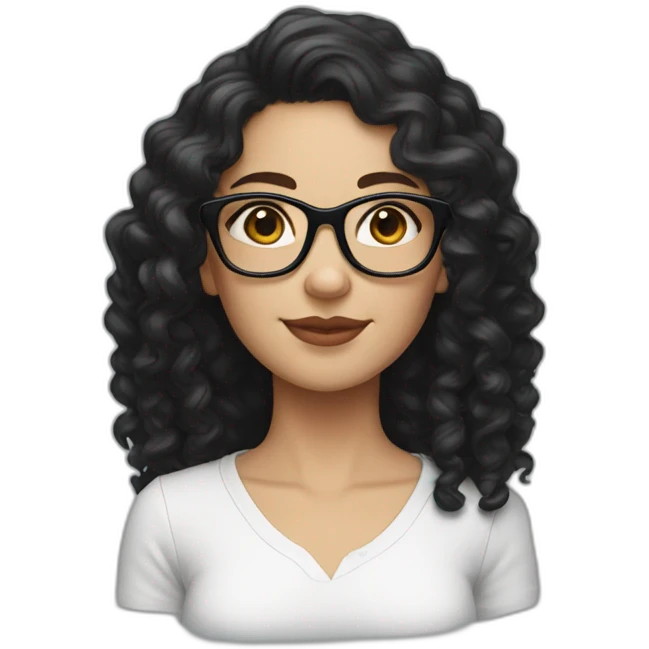 White girl with long curly black hair wearing square specs emoji