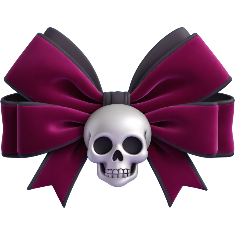 3D emoji gothic bow, deep burgundy velvet, silver skull charm, black rose center, lush and gothic emoji