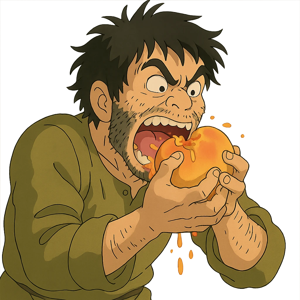a man ferally eating a peach emoji