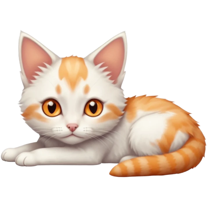 full body of very small + skinny ginger and white kitten with deep orange eyes and triangular shaped face lying down emoji