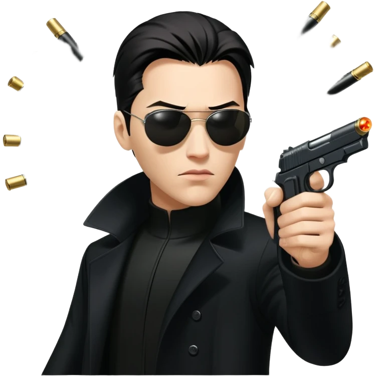 Neo from The Matrix in long black coat, sunglasses, and stopping bullets emoji