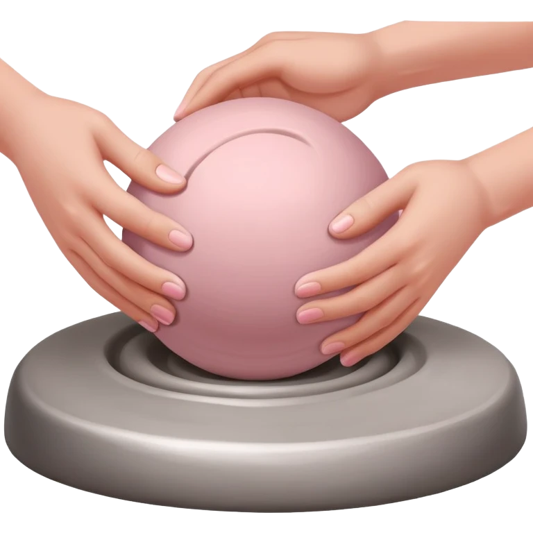 two hands kneading a pink ball of clay over a silver pottery wheel without the clay touching the wheel emoji