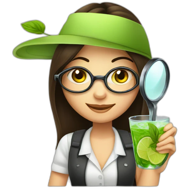 brunette girl with magnifying glass and mojito emoji