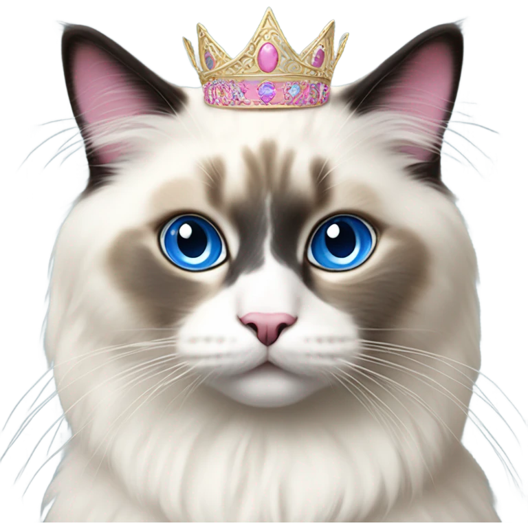 Realistic ragdoll cat with blue eyes and Dark markings wearing pink and gold tiara emoji